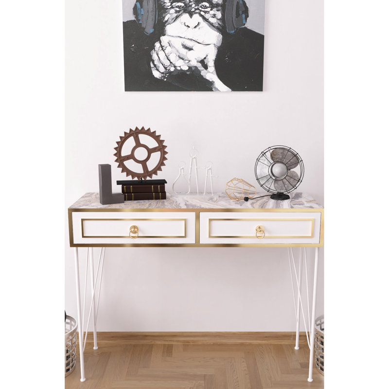 White Console Table With Metal Legs And Wood Base, 46.93 In. Depth, 14.14 Width, 35.56 Height Base Table, White, 47 14 35