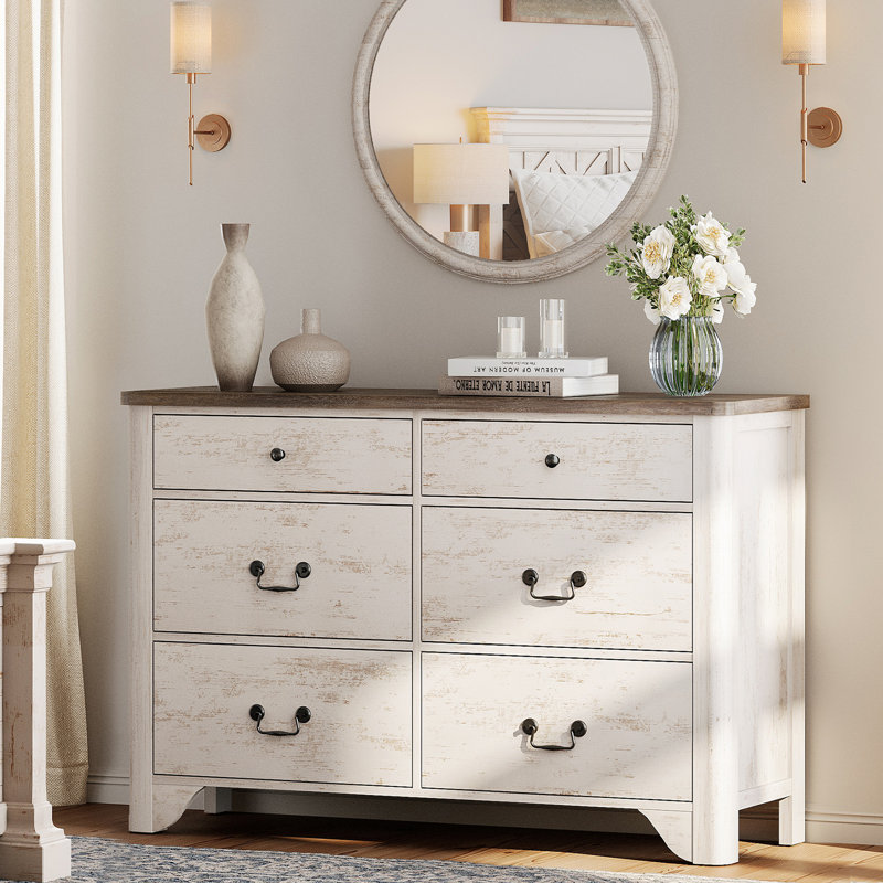 Haikey 47.2" W Double Dresser, 6 Drawer Dresser, Modern Dresser Drawer Chest, White