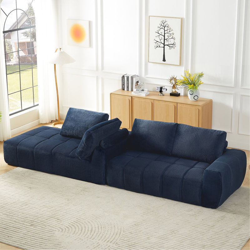 Canapé modulaire de luxe en forme de L en fausse fourrure pour salon, appartement et espaces de réception, 4 sièges, bleu foncé, tissu doux, conception segmentée unique, support à ressorts ensachés, utilisation instantanée sans