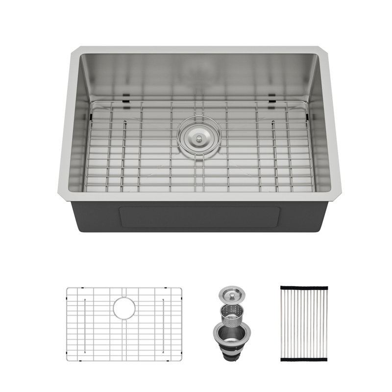 28'' L x 18" W Single Bowl Undermount Stainless Steel Kitchen Sink with Sink Grid and Basket Strainer, Brushed Silver