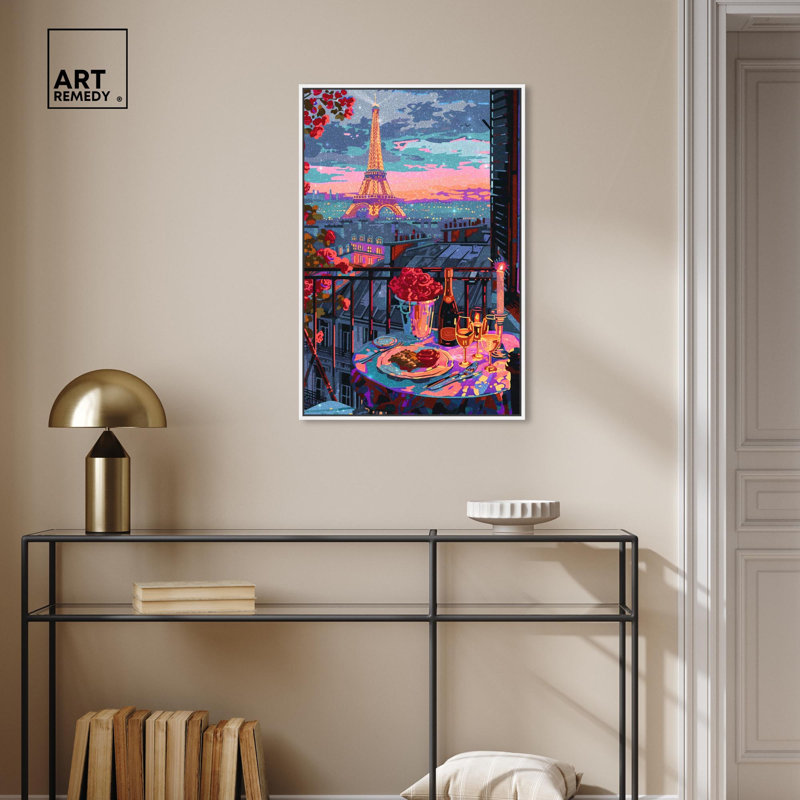 «A Lovely Paris Dinner», art mural rose par Dakota Fields, H 31 po x l 21 po, Cadre blanc