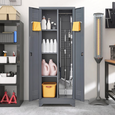 Broom Storage Cabinet With Locking Doors And Shelves, 65" H Metal Storage Cabinet With Hanging Rod & S-Hooks, Cleaning Tool Storage Cabinet