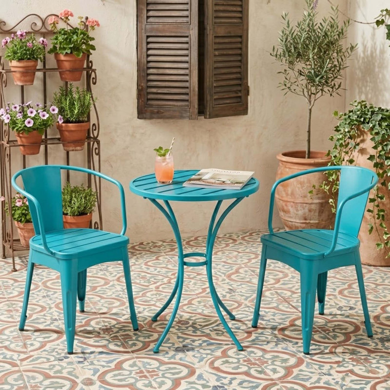 Modern Iron Bistro 3 Piece Bistro Set with Round Table and 2 Armchairs for Patio Balcony Porch Poolside, Teal