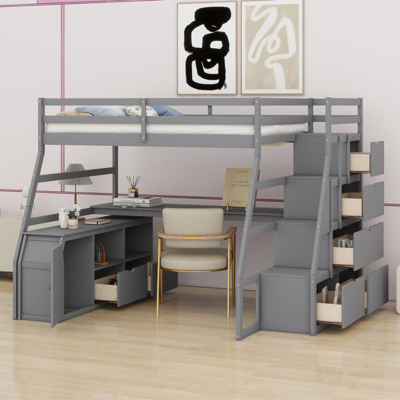Lit mezzanine simple avec tiroirs Jeffree Kids, gris, Full