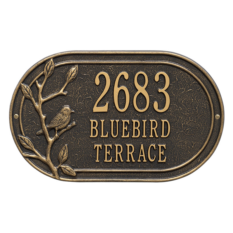 Woodridge Personalized Bird Oval Standard 3-Line Wall Address Plaque, Black/Gold, Yes