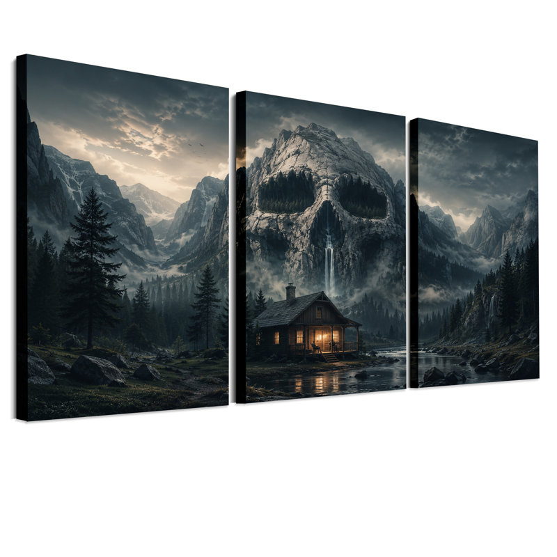 Ensemble de 3 toiles murales surréalistes représentant une montagne de crânes avec cascade, idéal pour l’Halloween.