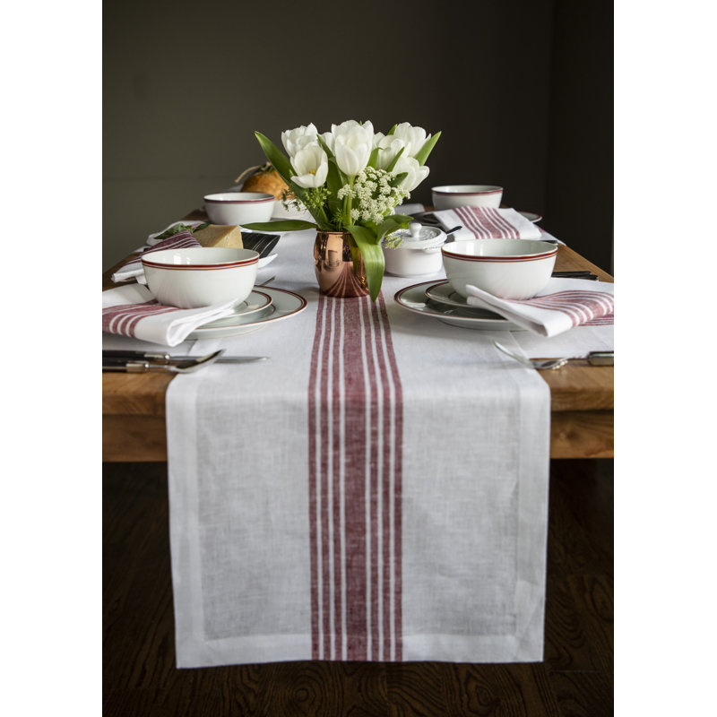 Farmhouse - 100% Pure Linen Table Runner, Burgundy/White, 108" x 18"