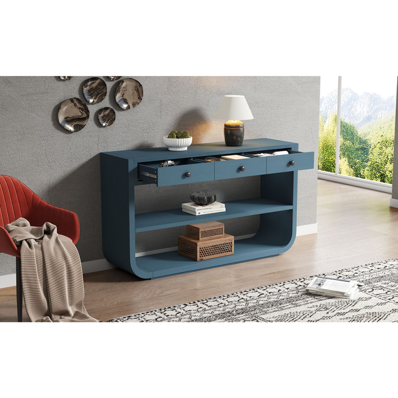 Console moderne avec 3 tiroirs à fermeture en douceur et 2 tablettes ouvertes, Bleu