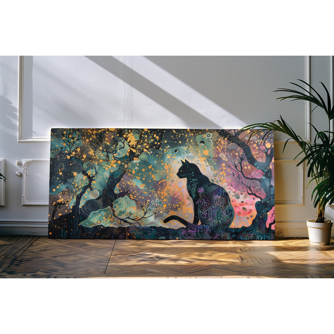 Wandbild 120x60cm Schwarze Katze Kunstwerk Nacht Lichter Sterne