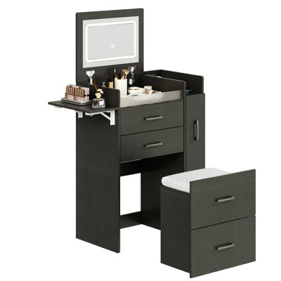 3 in 1 Vanity Desk with Plip Top Mirror and 3 Color LED Lighted, Small Vanity Desk with Power Outlet, Compact Makeup Vanity with 3 Drawers & Cabinet, by Ebern Designs