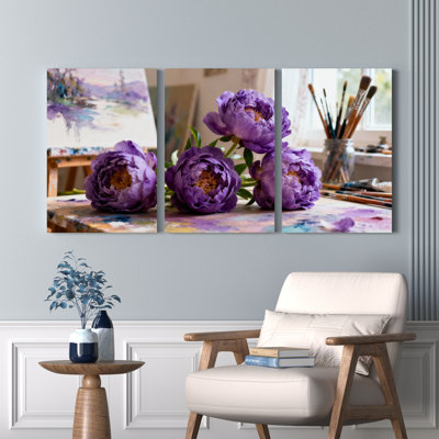 Mauve pivoines et art studio, ensemble de 3 reproductions d'art sur toile tendue sur toile