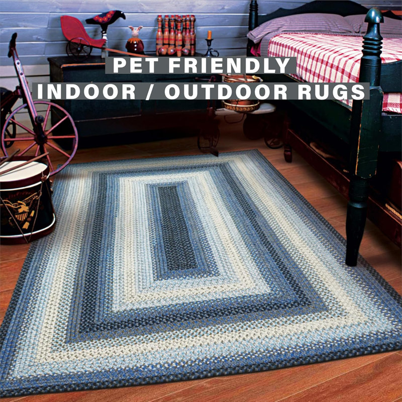  Tapis tressé lavable réversible intérieur / extérieur noir / blanc / ivoire / bleu, Rectangle 2 pi 3 po x 3 pi 9 po