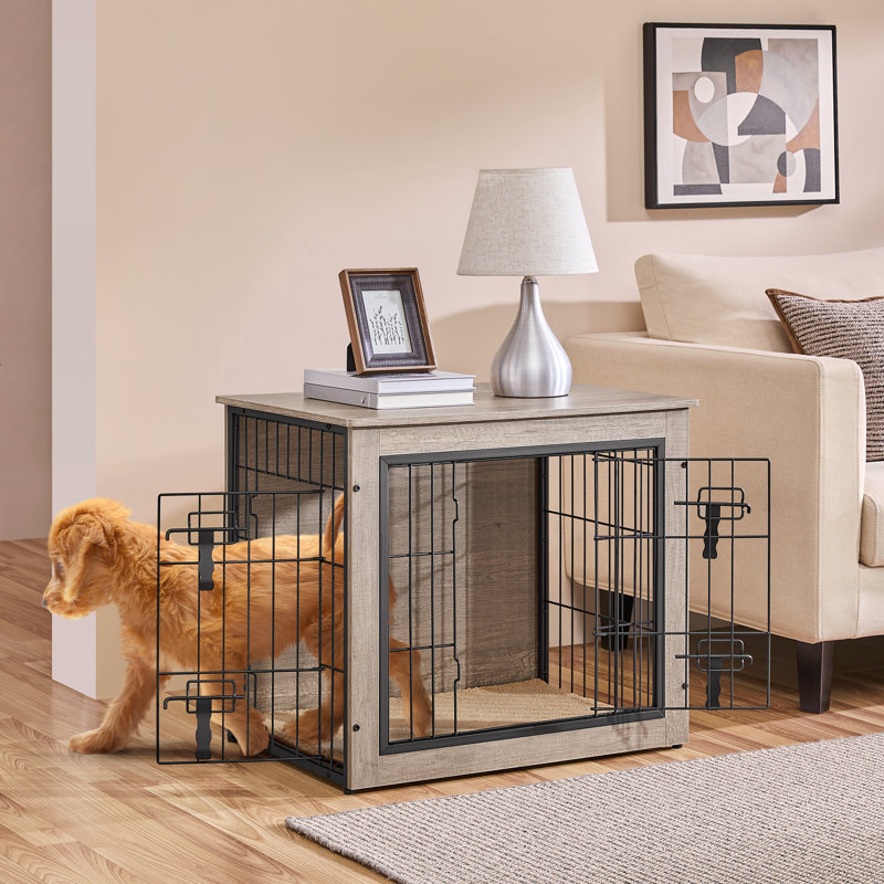 Dog Crate Furniture with 2 Doors, 61cm H x 69cm W x 51cm D, Grey/Black