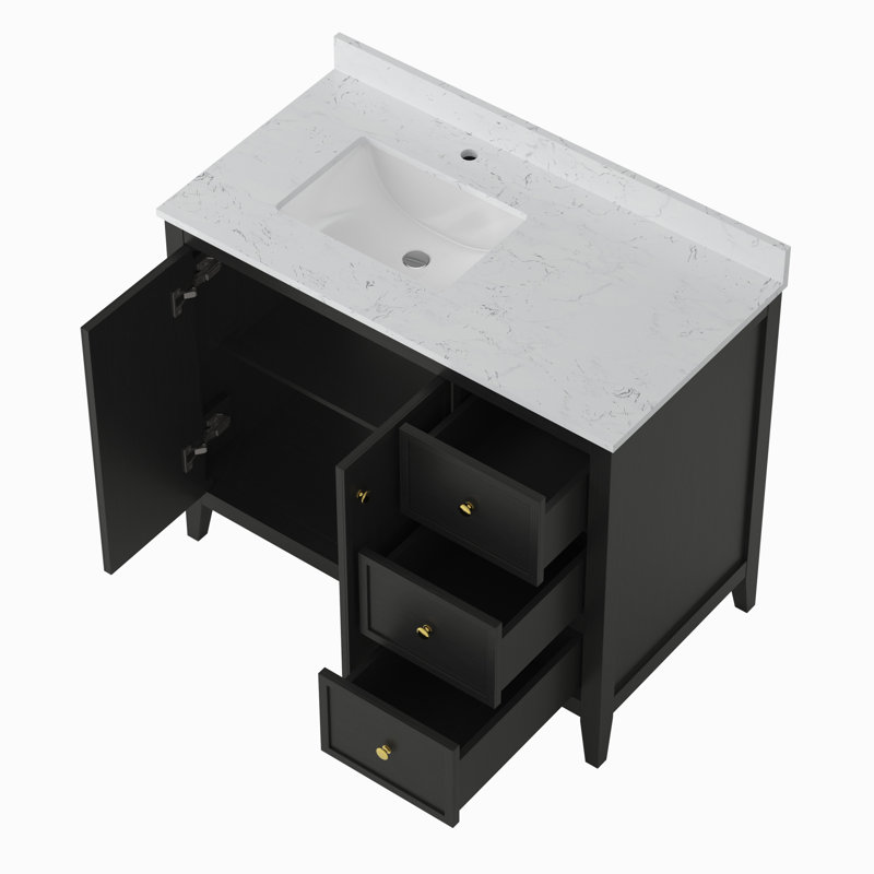 Meuble-lavabo simple autoportant de 42 po avec comptoir et dosseret en marbre d'ingénierie Aura, noir