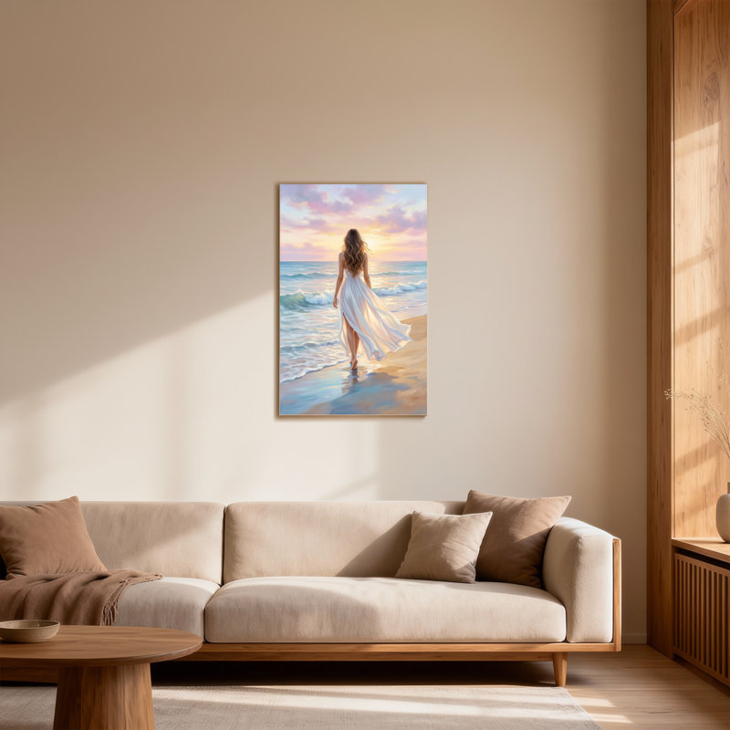 Femme de Saint-Valentin en robe blanche marchant sur la plage au coucher du soleil, H 40 po x l 28 po