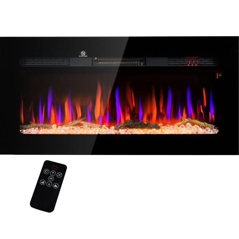Foyer électrique 36 "avec télécommande - Chaufferette 1500W, minuterie 8H, flamme réglable, bûche et cristal, acier noir, chauffage efficace encastré mural, sortie de chaleur sécuritaire