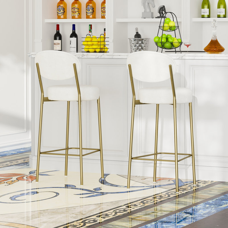 Paire de tabourets de bar 29 po 29 po, similicuir blanc crème et repose-pieds, structure en métal, chaise de comptoir élégante, faux support, 2 pièces