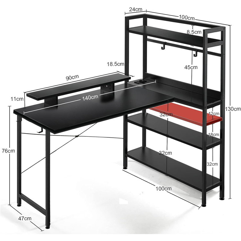 Gaming L Shaped Computer Desk, 55" Home Office Desk with Shelves, L Shape Computer Corner Desk with Charging Port, Gaming Table Power Outlet Build in, LED Writing Desk with Monitor Stand Black