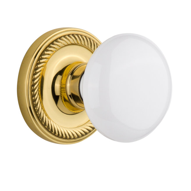 Rosette corde avec bouton de porte en porcelaine blanche, Laiton poli