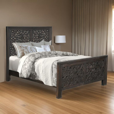 Haslam Gray Carved Scrollwork Distressed Solid Wood Queen Bed Frame