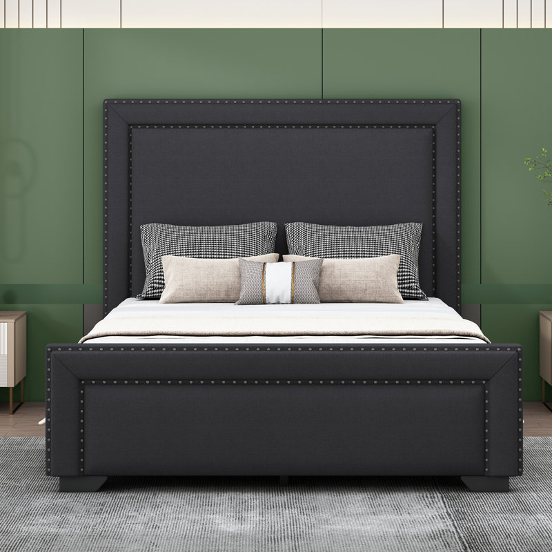 Shreve Queen Size Upholstered Platform Bed with Taller Headboard, Black