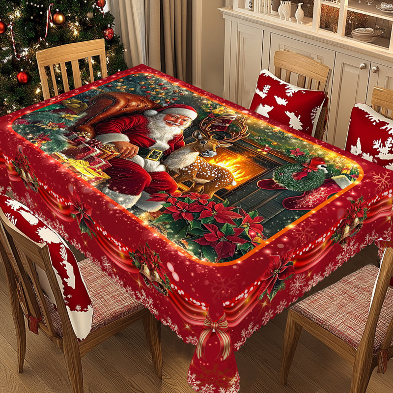 1pc Vintage Christmas Lenart With Santa & Reindeer Design - Round Table, Rectangle Table Cover, Festive Red Christmas Flowers Polyester Table Cover For Indoor/Outdoor Holiday Parties, Kitchen Decor And Gifts, Christmas Table Cloth