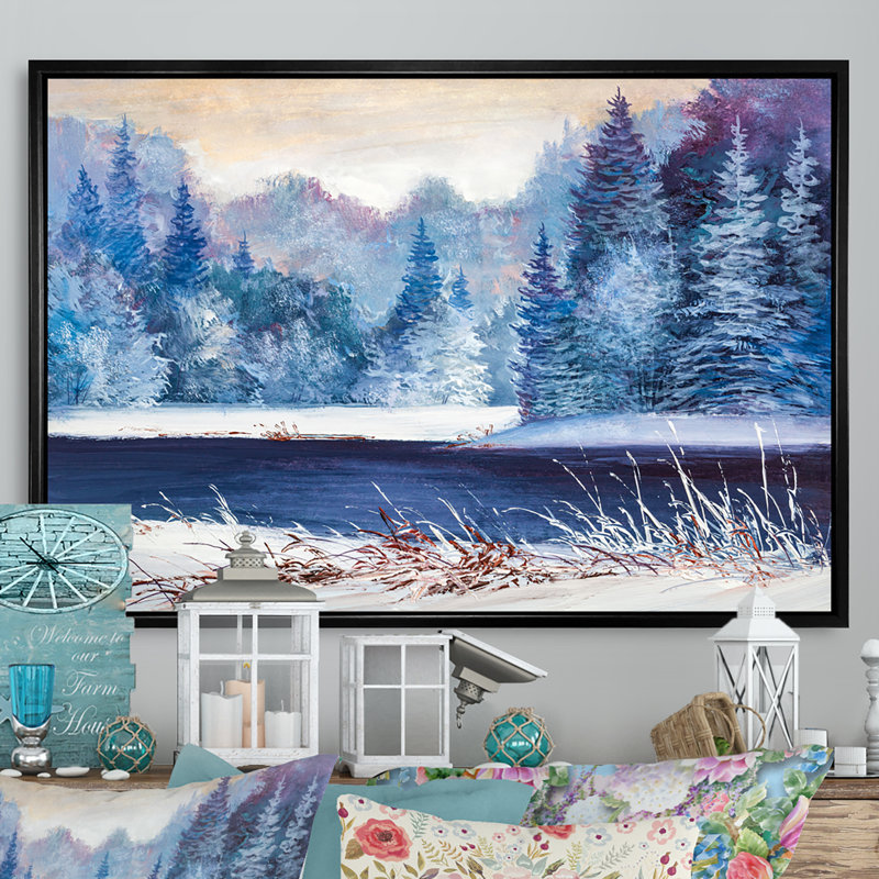 Forêt de Noël avec rivière - Peinture sur toile, H 8 po x l 12 po x P 1 po, Cadre flottant noir