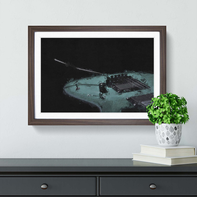 Teal Blue Electric Guitar - Picture Frame Painting Print, 27cm H x 36cm W x 2cm D, Walnut Framed