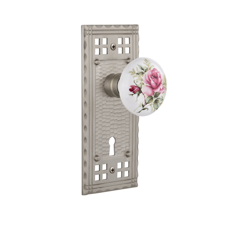 Craftsman Plate with Decorative Keyhole and White Rose Porcelain Door Knob, Satin Nickel