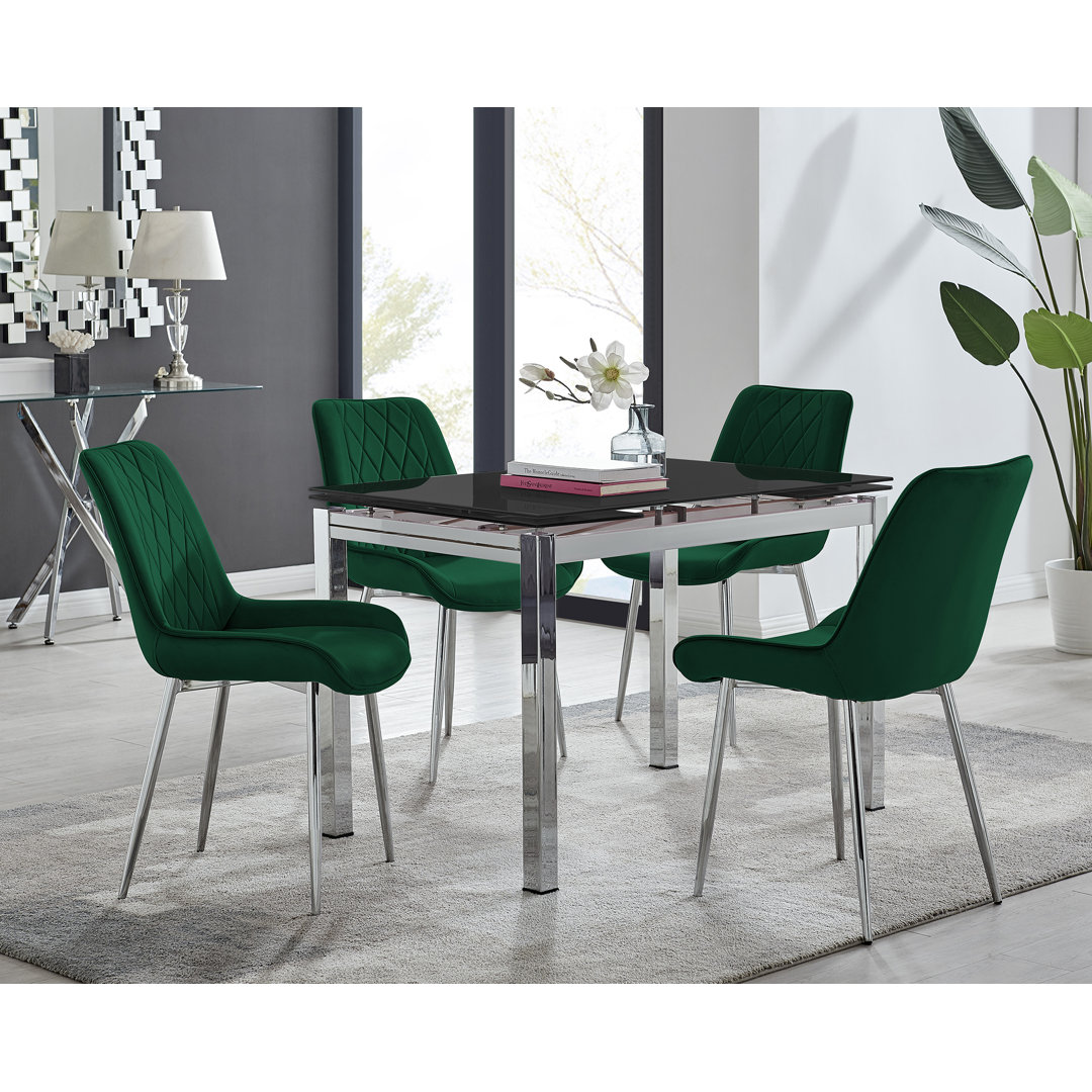 Tierra Modern Glass & Metal Extendable Dining Table Set & 6 Luxury Upholstered Velvet Dining Chairs East Urban Home Chair 