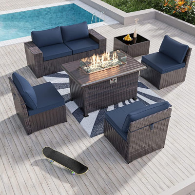 7-Piece Wicker Patio Conversation Set With Cushions,Coffee Table And Outdoor Fire Pit Table With Aluminum Top, PE Rattan Base, And  White Glass Wind Guard