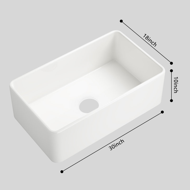 Single Bowl Fireclay Kitchen Sink, 10" H x 30" L x 18", White