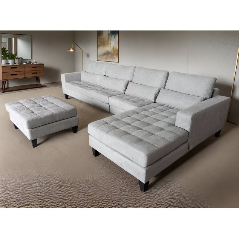 Begraj Upholstered L-Shaped Sectional, Light Gray Microfiber/Microsuede, Right Hand Facing
