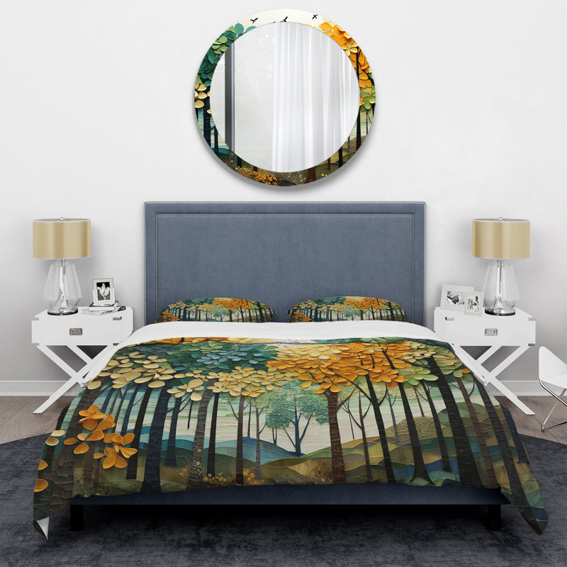Ensemble de housse de couette Orange Green Trees, Housse de couette simple et deux taies décorative