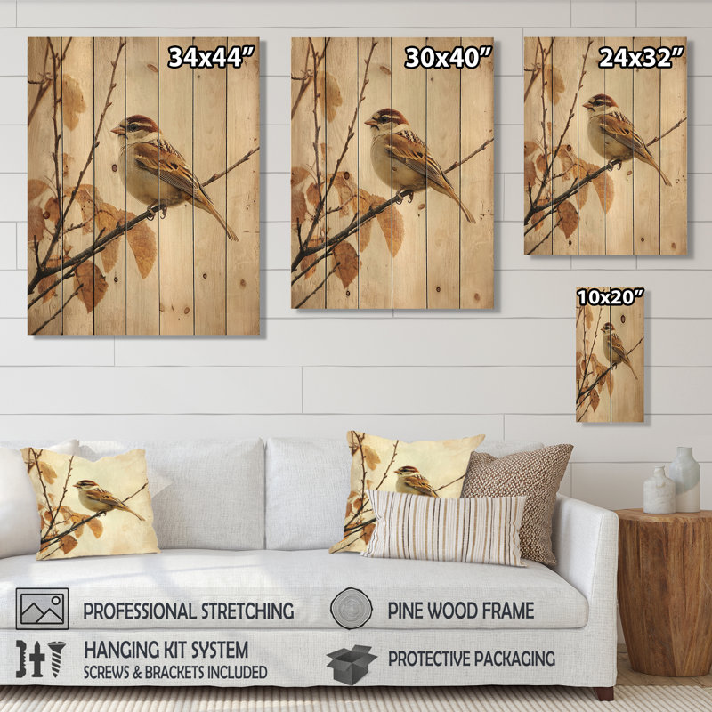 Curious Sparrow II - Bird Wood Print - On Natural Pine Wood, 44" H x 34" W x 0.78" D