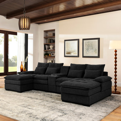130" U-Shaped Sofa With Console,Cupholders,Usb,6-Seat Upholstered Primary Living Space Furniture,Sleeper Couch Set With Chaise For Living Room,Apartment, (BLACK)