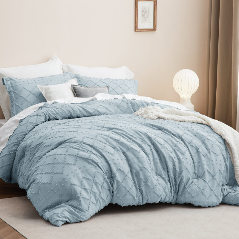 Ensemble d'édredon touffeté toutes saisons (ensemble de 3), Bleu cendré, Édredon pour lit simple + 1 taie décorative stan