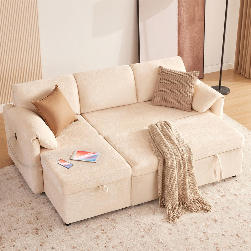 Canapé-lit modulaire en L de 83 po avec chenille et rangement USB, Mélange de polyester gris foncé