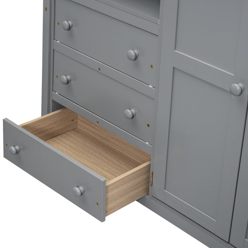 Lit mezzanine double en bois avec garde-robe intégrée, bureau et rangement dans des tons de gris Options polyvalentes, Gris