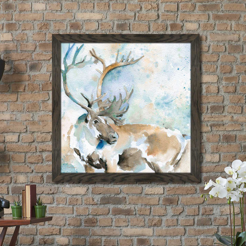 « caribou on blue », reproduction de peinture à l’aquarelle encadrée, H 39,5 po x l 39,5 po x P 0,75 po
