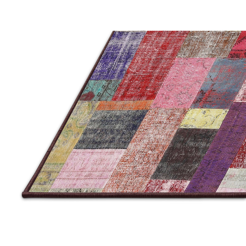 Tapis rouge/brun/bleu zone contemporaine, Rectangle 5 pi x 7 pi