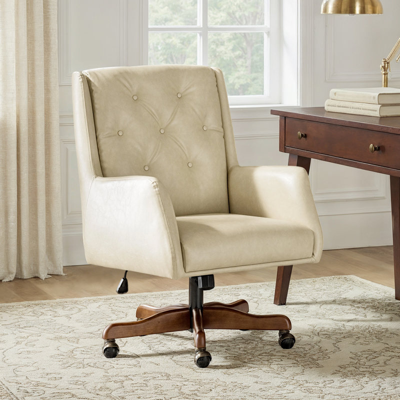 Kairos Transitional Leather Swivel Desk Chair with Adjustable Height and Button-Tufted Backrest, Beige