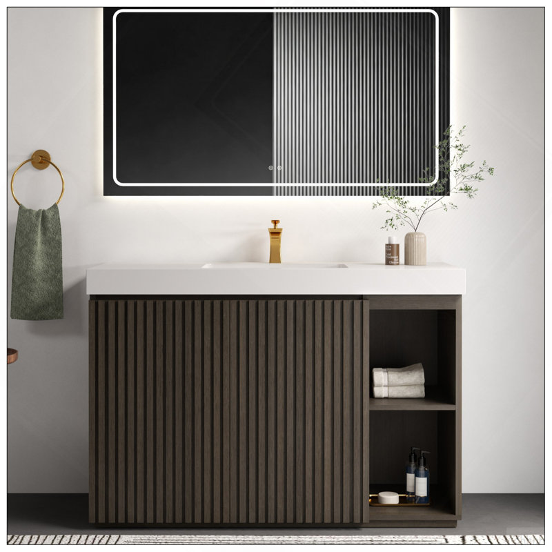 Meuble-lavabo sur pied en chêne fumé GALAN, White/Oak/Smoke