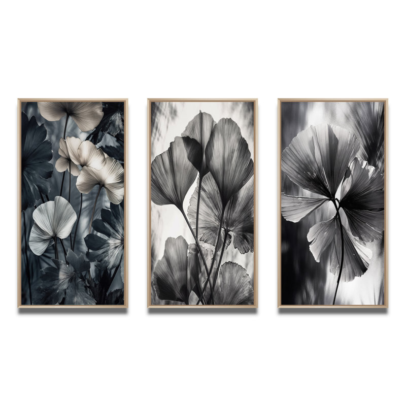 Ensemble de 3 feuilles de ginkgo tropical, H 20 po x l 36 po, Cadre naturel flottant