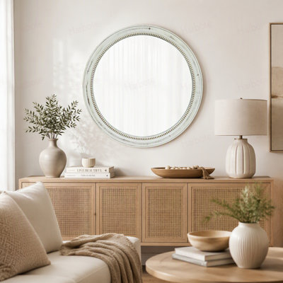 Miroir mural rond rond en bois vieilli blanc perlé, miroir décoratif vintage 23,62 po pour salle de bain, chambre à coucher, entrée, miroir décoratif