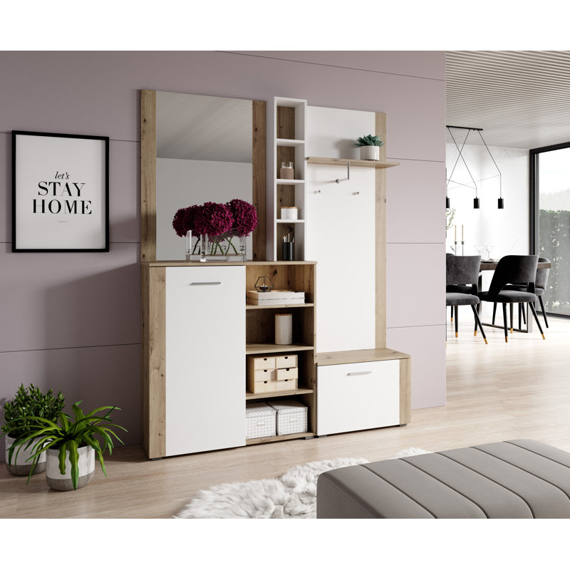 Rori 150 cm W Hallway Set with Storage Bench and Shoe Storage, Oak/White