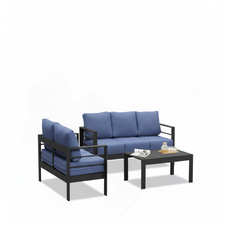 Ensemble de conversation de patio 3 pièces en aluminium 3 pièces, canapé d'extérieur 5 places avec coussins bleus épais et structure noire et table basse