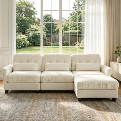 Chenille L-Shaped Modular Sectional Sofa with Ottoman, Ruffled Edge Seat Cushions, Rolled Arms & Matching Lumbar Pillows, High Density Foam Padded Couch, 4 Box Delivery for Living Room & Condo