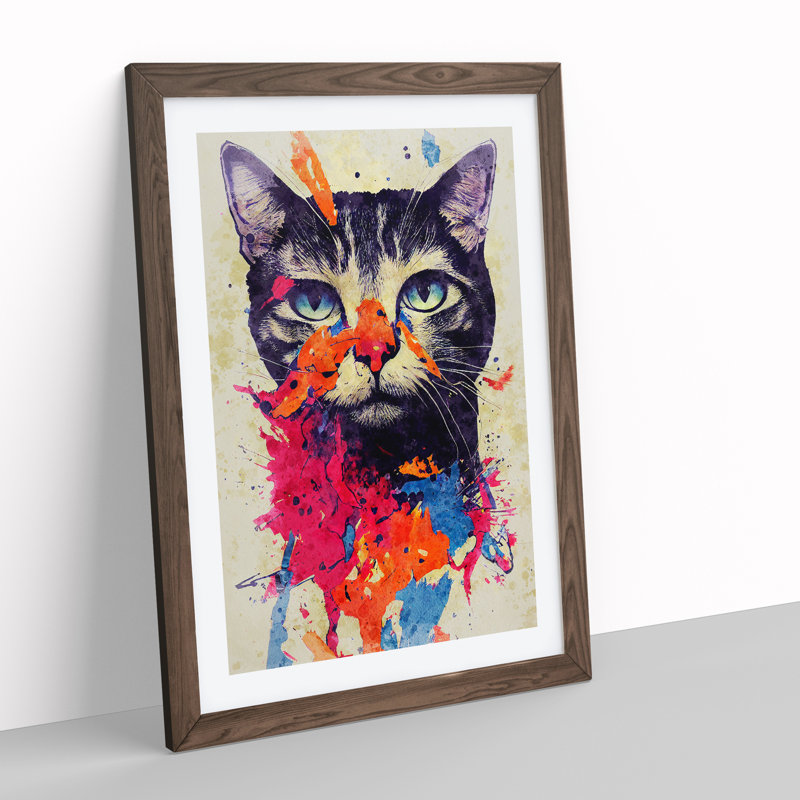Catt Paint Splash No.6 - Wall Art, 66cm H x 48cm W x 2cm D, Walnut Framed, White