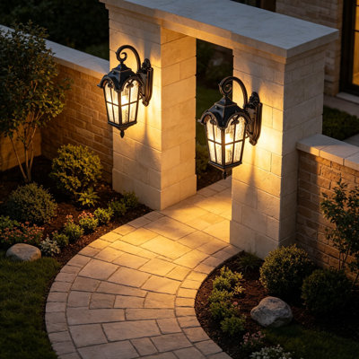 Dusk to Dawn Outdoor Wall Light, Roman Large Size Exterior Lantern Fixtures, E26 Base, Waterproof Porch Lights Wall Mount, Black Outside Wall Sconce, 2 Pack